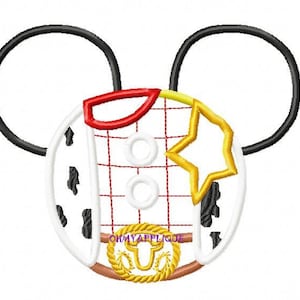 May include: A red, white, and yellow embroidered design of a toy sheriff character with a star, a belt buckle, and a plaid shirt. The design is in the shape of Mickey Mouse ears.