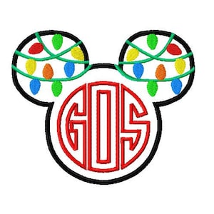 May include: Red, green, and blue Christmas lights are strung around a black outline of Mickey Mouse ears. A red monogram with the letters "GIS" is in the center.