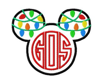 Character Mister Mouse Monogram Initial Christmas Tangled Lights Ears Embroidery Applique Design - for Embroidery Machines 5 Sizes