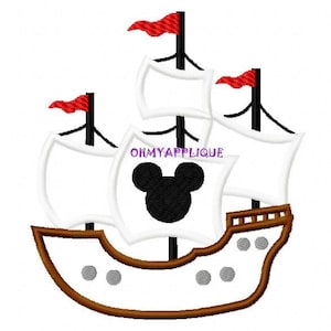 May include: A white ship with brown sails and a black Mickey Mouse head on the front. The ship has three red flags.