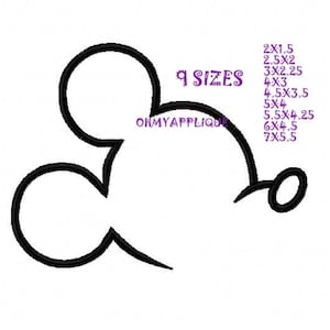 May include: Black and white outline of a cartoon mouse head with 9 sizes listed: 2x1.5, 2.5x2, 3x2.25, 4x3, 4.5x3.5, 5x4, 5.5x4.25, 6x4.5, 7x5.5. The text "OHMYAPPLIQUE" is also included.