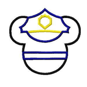 May include: A black and white outline of a cartoon character wearing a blue and yellow police hat.