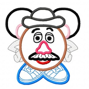 May include: A cartoon character with a brown face, black eyes, a pink nose, and a black mustache. The character is wearing a black hat, a brown shirt, and blue shoes. The character has large ears and a white background.