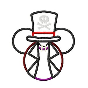 Może przedstawiać: Czarno-biała ilustracja kreskówkowa wampira Mickey Mouse'a w czerwono-czarnym cylindrze z czaszką i skrzyżowanymi kośćmi. Kapelusz ma biały brzeg i czerwoną wstążkę. Wampir ma fioletowy kołnierz i dwa białe kły.