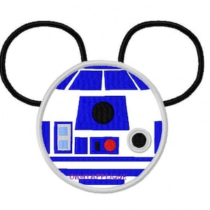 May include: A white, blue, and black R2-D2 character from Star Wars with Mickey Mouse ears. The character is wearing a black outline.