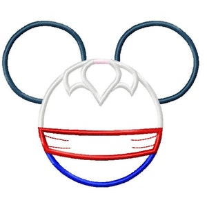May include: A red, white, and blue Mickey Mouse head with a white face and blue ears. The face has a red band around it with three white stripes.