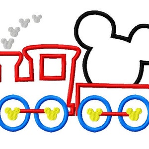 May include: A red and blue toy train with Mickey Mouse ears on the caboose. The train has four wheels with Mickey Mouse heads on each wheel.