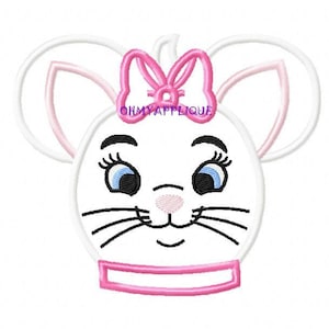 May include: White mouse face with pink ears, a pink bow, and a pink collar. The mouse has black eyes, eyelashes, and whiskers.