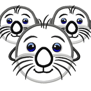 Puede incluir: Tres caras de foca de dibujos animados con ojos negros, narices negras y bigotes negros. Las focas son blancas con contornos grises.