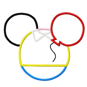 May include: A black and white outline of Mickey Mouse's head with a red balloon attached to the top. The balloon has a white outline. The head is filled in with yellow and blue.