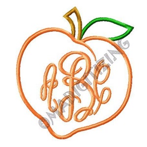 May include: Peach-shaped embroidery design with a monogram of the letters "A B C" in a script font. The peach is outlined in orange and the monogram is in a darker orange.