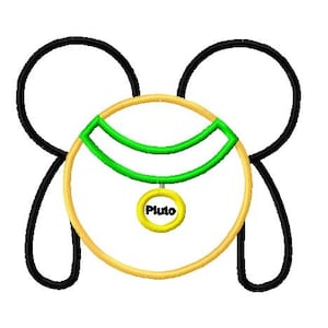 Op de afbeelding: Zwart-witte omtrek van Pluto de hond met een gele halsband en groene bies. De halsband heeft een geel label met de tekst "Pluto".