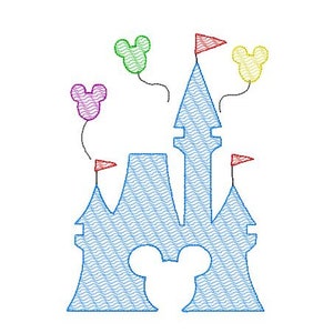 Könnte beinhalten: Ein blaues Schloss mit einer Mickey-Maus-Silhouette im Vordergrund. Vier bunte Mickey-Maus-Ballons schweben um das Schloss.