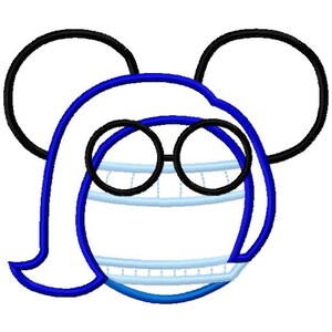 May include: A blue and black cartoon character with large round ears, glasses, and a wide smile. The character has a blue outline and a white face.