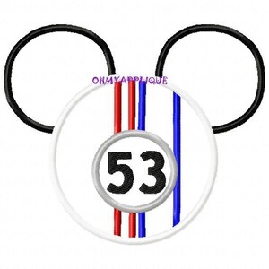 May include: Black and white Mickey Mouse ears with a white circle containing red, white, and blue stripes and a gray circle with the number 53 in black.