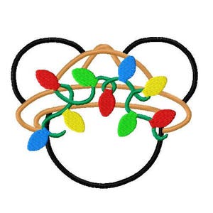 May include: A black outline of a face with a brown and green garland of colorful Christmas lights around the head.