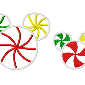 May include: A set of five peppermint candies in various colors, including red, green, and yellow. The candies are arranged in a Mickey Mouse shape.