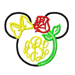 May include: Black and white outline of Mickey Mouse ears with a yellow bow, a red rose with green leaves and a yellow monogram "BB" inside the ears.