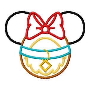 May include: An embroidered design of a cartoon character with large ears, a red bow, and a brown collar with a gold charm. The character is wearing a blue and white striped collar.