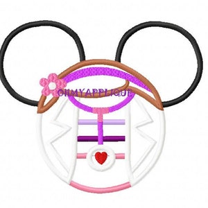 May include: A white, pink, purple, and brown embroidered design of a cartoon character with large black ears and a pink flower. The character has a white face with a pink heart in the center. The design is perfect for a variety of crafting projects.