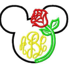 May include: Black and white outline of Mickey Mouse ears with a yellow monogram in the center and a red rose with green leaves and stem.