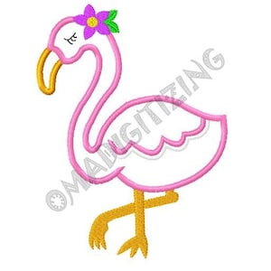 May include: Pink flamingo with a purple flower on its head. The flamingo has a long neck and long legs. The flamingo is standing on one leg.