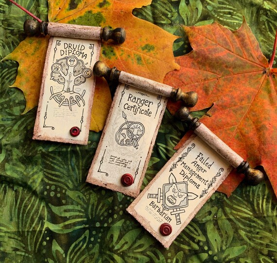 DnD Class Diplomas. Barbarian, Druid, Ranger. Scrolls Miniature. Personalized Gift. Fridge Magnet.