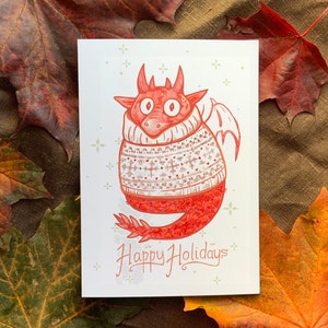 Sweater Dragon. Happy Holidays. Geeky Greeting Card. Folded. Artprint by Sophie Grunnet