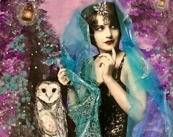 Enchanted Evening Original Artwork mixed media collage featuring 1920's vintage Ziegfeld Follies dancer