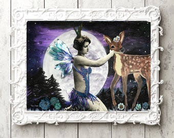 Fine Art Print "The Encounter"  mixed media collage featuring woodland deer and fairy