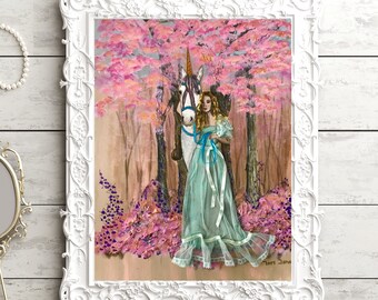 Fine Art Print whimsical Fantasy Unicorn and Maiden Mixed Media Collage- Artwork by Tori Jane