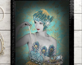 All That Glitters- Fine art PRINT of woman in peacock feathers from 1920's vintage photo in mixed media collage by Tori Jane