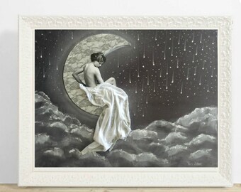 La Bella Luna- Fine art print by Tori Jane of Moon Goddess from Vintage 1920's photo mixed media collage