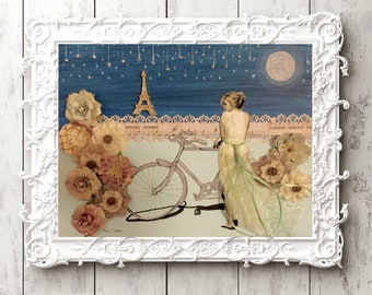 Eiffel Tower Paris bicycle vintage woman artwork print