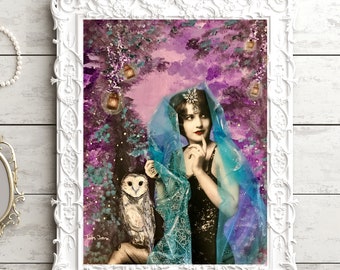 Fine Art Print Enchanted Evening  mixed media collage featuring 1920's vintage Ziegfeld Follies dancer