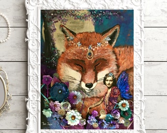 Fine Art Print Twilight Dreams mixed media collage featuring Fox and Fairy by Tori Jane