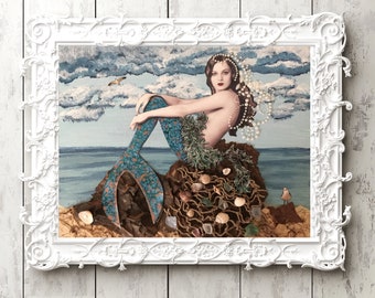 Blue Lagoon- Fine art PRINT featuring 1920's vintage photo in mixed media collage by Tori Jane