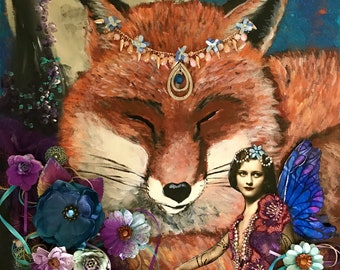 Twilight Dreams Fox and Fairy 16x20 mixed media original art by Tori Jane