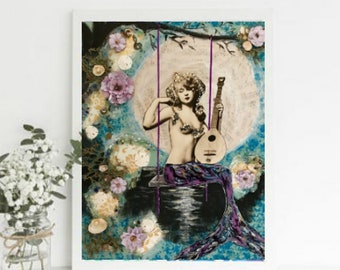 Moonlight Mermaid - Fine Art Print of musical mermaid from 1920's vintage photo of woman in mixed media collage by Tori Jane