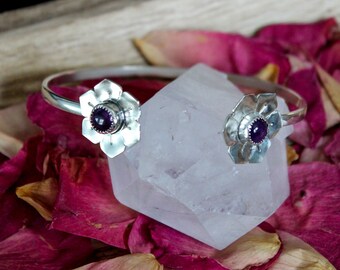 Amethyst Cuff Bracelet, Sterling Silver Cuff, Gift for Gardener, Flower Jewelry, February Birthstone, Meditation Jewelry, Energy Healing