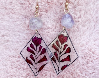 Raw Amethyst Shrinky Dink Earrings, Shrink Plastic Jewelry, Purple Healing Crystal, Floral Jewelry, Lightweight Earrings