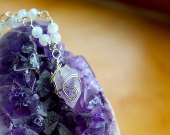 Amethyst and Moonstone Choker, Raw Amethyst Crystal Jewelry, Healing Crystal Necklace, Wire Wrapped Crystal, Meditation Jewelry