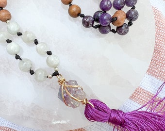 Aura Amethyst Crystal, Moonstone Bead, Lepidolite Necklace, Long Tassel Necklace, Beaded Jewelry, Gold Fill Wire Wrap Pendant, Yoga Gift