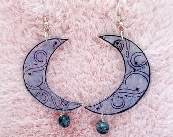 Crescent Moon Shrinky Dink Earrings, Shrink Plastic Jewelry, Labradorite Crystal Bead, Lightweight Earrings, Moon Jewelry, Dramatic Earrings