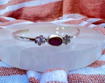 Pink Sapphire Cuff Bracelet, Healing Crystal Jewelry, Metaphysical Gift for Women, Sterling Silver Crystal Bracelet, Floral Jewelry