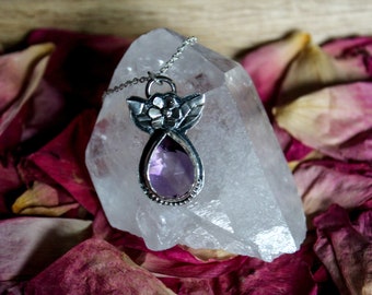 Amethyst Crystal Necklace, Sterling Silver Flower Jewelry, Gift for Gardeners, February Birthstone, Meditation Crystals, Purple Gemstone