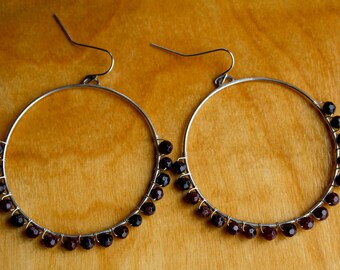 Garnet Hoop Earrings, January Birthstone Jewelry, Garnet Beads, Red Healing Crystal, Large Hoops, Wire Wrapped Jewelry, Spiritual Gift