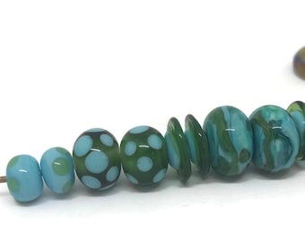 Olive Green and Turquoise Torchwork Bead Set/Rebeccas Glass Studio