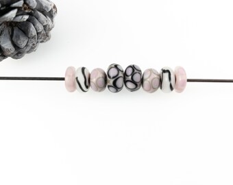 Light Pink, Grey, Black Bead Set/ Lampwork Bead Set/ Torchwork Beads