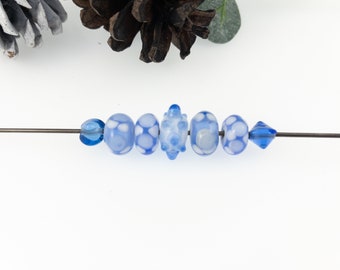 Blue and White Lampwork Bead Set/ Seven Beads for Jewelry Designer